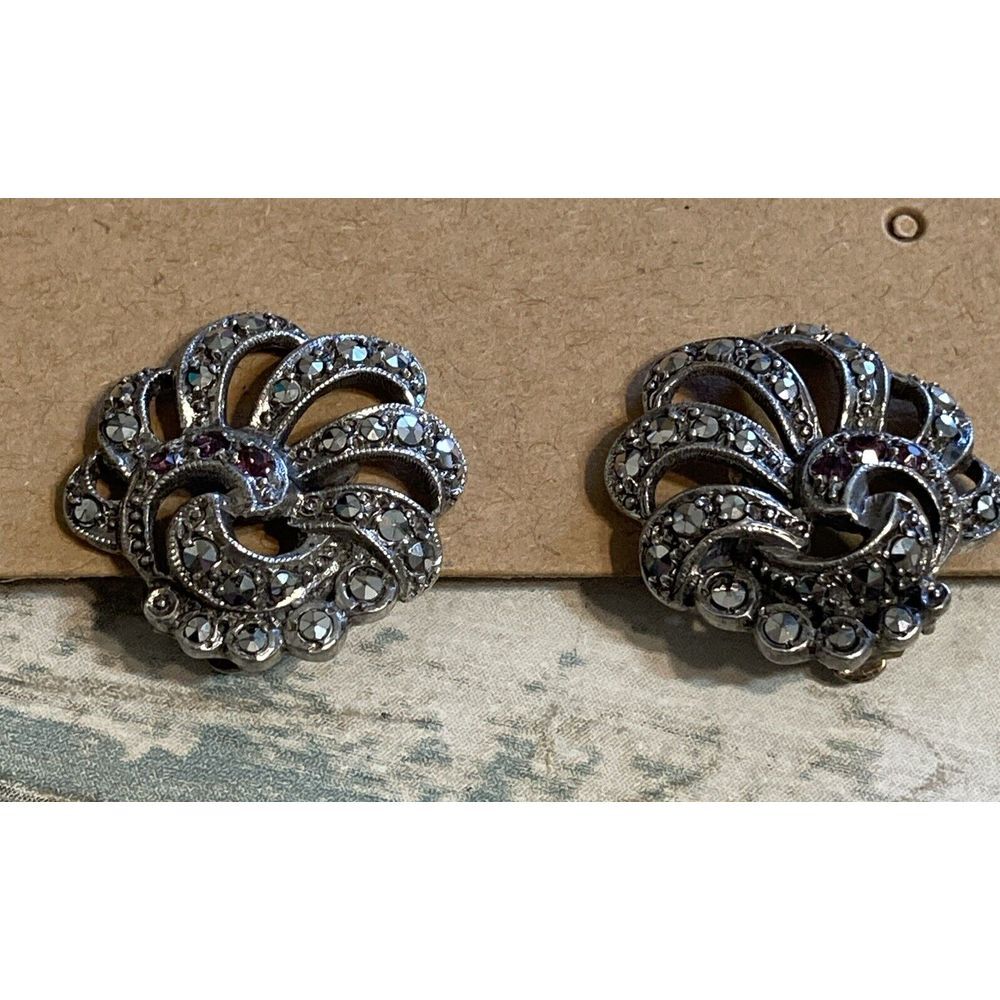 Floral Marcasite 925 Sterling Silver Earrings Estate Vintage Clip on  9.7g‎